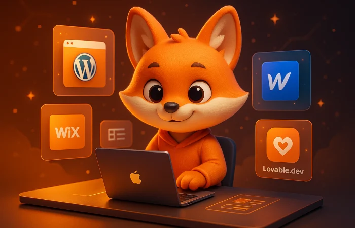 En søt rev som prøver å finne ut av hvordan lage en nettside i 2025