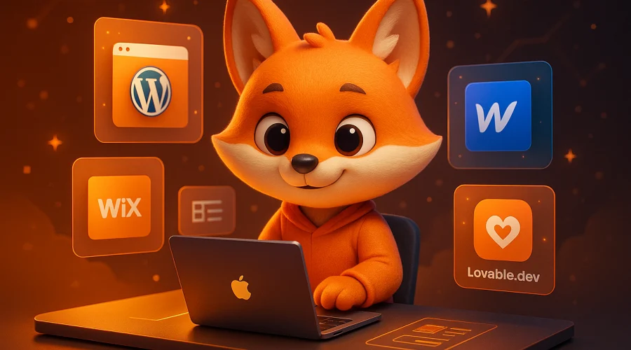 En søt rev som prøver å finne ut av hvordan lage en nettside i 2025